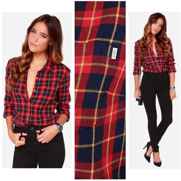 Obey Tops - Red Blue Gold Flannel Button Down Collared Shirt